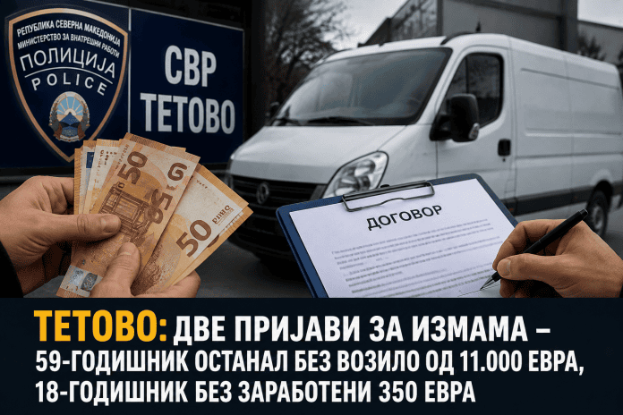 Две измами пријавени во Тетово: Возило од 11.000 евра не е платено, млад работник останал без 350 евра
